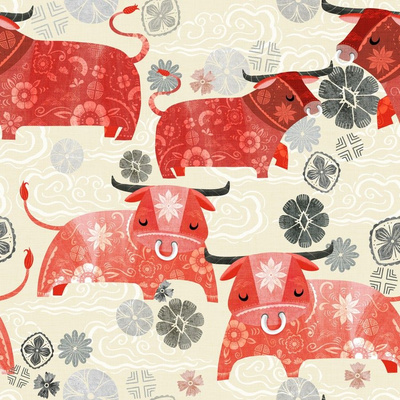 Fabric design with red oxes
