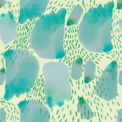 Large green watercolor brushstrokes of varying shapes float on a light green background with small rice grain-sized dark green shapes falling downward through the larger shapes and around them.