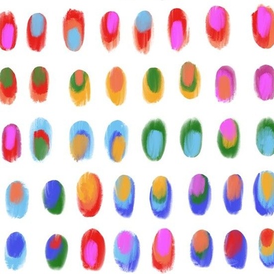 Rows of small rainbow hued ovals made from brushstrokes appear on a white background. They are a random mix of ovals featuring two or three shades of the following: hot pink, orange, royal blue, light blue, yellow and red.