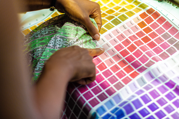 Nicole using the color map to check her self-designed fabrics