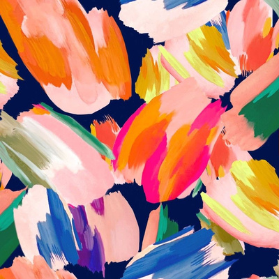 Short bold orange, hot pink, green, blue, olive, yellow and white paint strokes appear on a navy background.