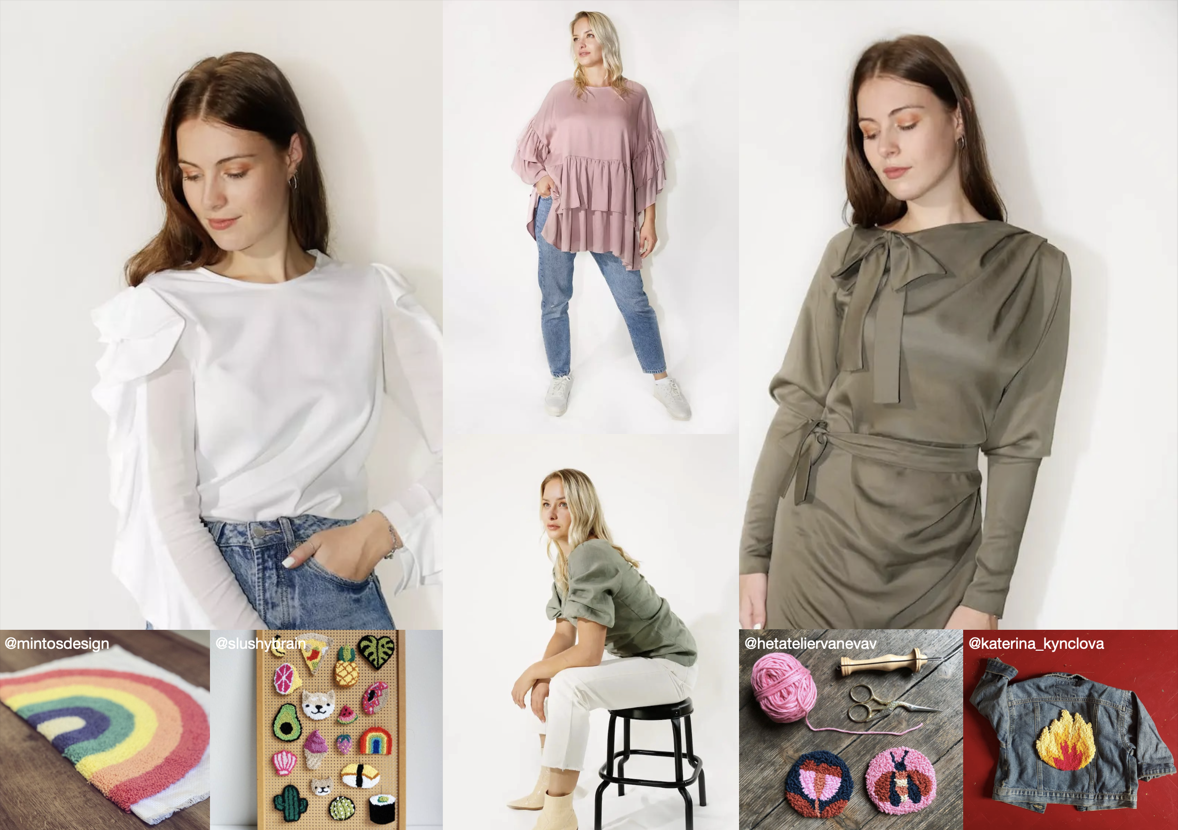 A photo of a mood board featuring photos of models wearing dresses with ruffles and needlepunch pieces of a rainbow, a rainbow, flowers and more.