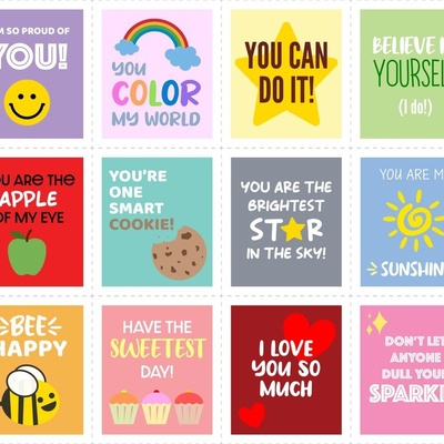 Fabric design of various notes of affirmation for children, from "You color my world" to "Bee happy"
