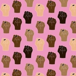 Small Black, Brown and white fists float and repeat through a pink background.