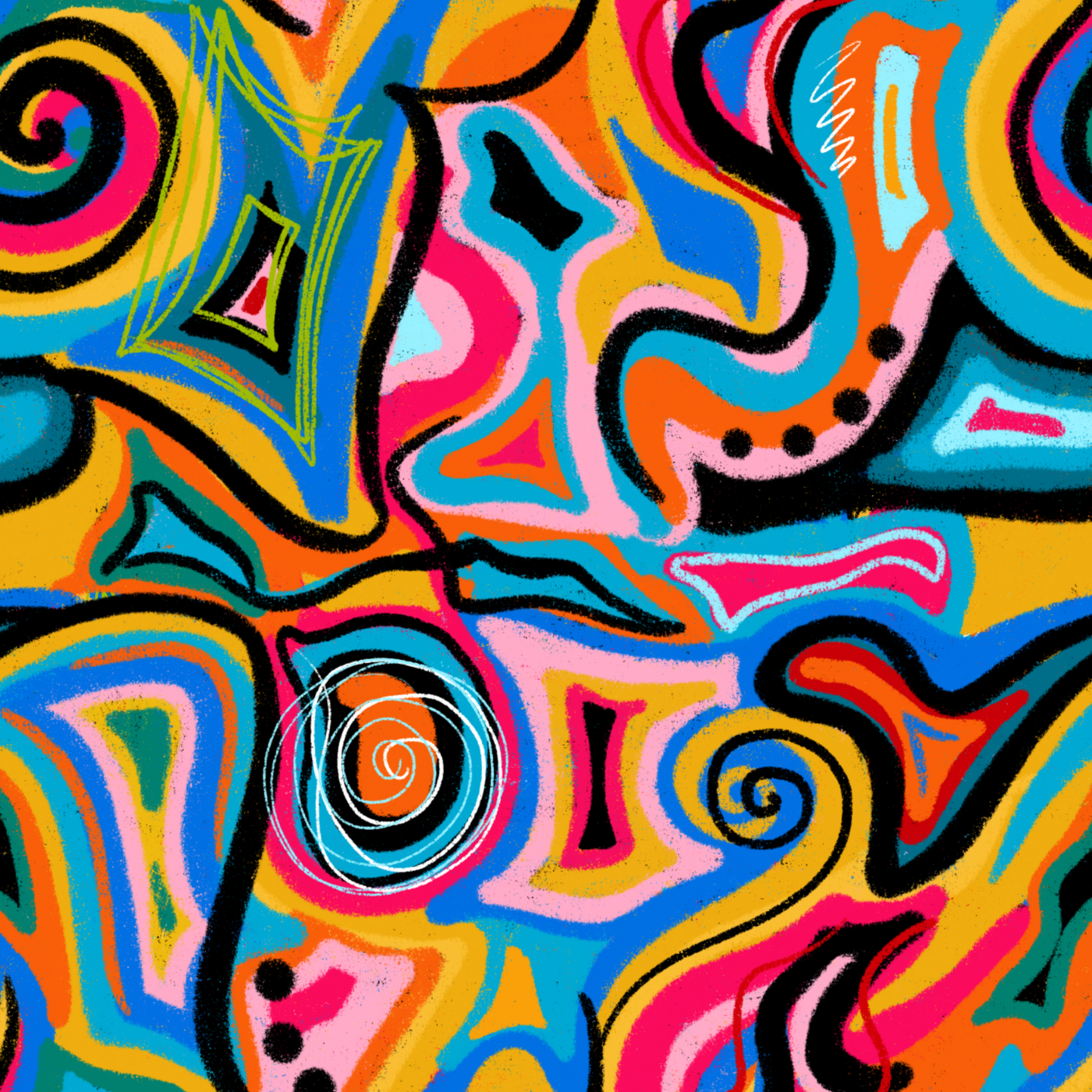 Black, orange, pink, red and teal lines flow in all directions and shapes in this abstract design.
