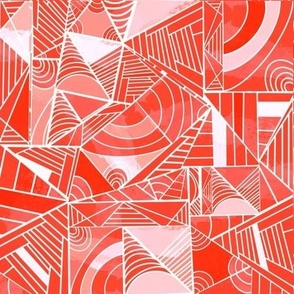 Repeating and refracted curves and triangles in red and white, some with slivers of pink, fill this design.