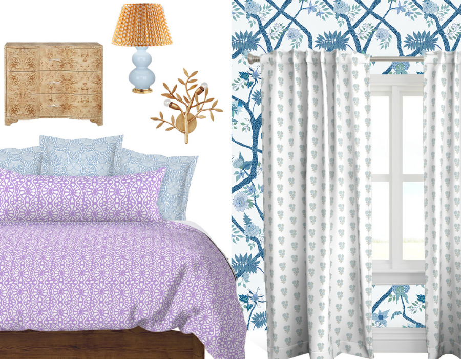 A mock up of a room featuring a bed with a purple-and-white bedspread, 3 blue pillows, a blue floral wallpaper design, white curtains with small repeating purple flowers, a cream chest, gold floral lamp and white lamp with a gold shade.