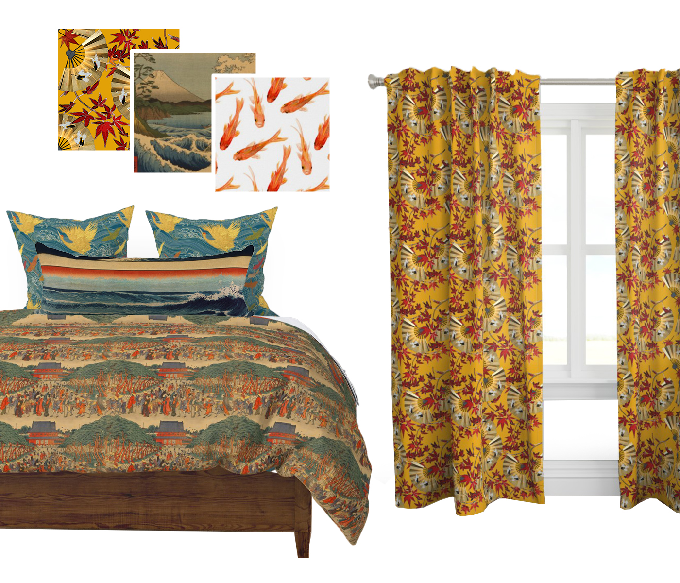 A mockup of a room featuring a bed with a bedspread with a repeating design of people standing near a large tree and a red temple that has a white pillow at the top in front of two blue pillows with yellow and red cranes. The wallaper designs have gold fans with red flowers on a yellow background, a blue and white wave blockprint with a gray mountain in the background and large orange ditsy goldfish on a white background. The curtains also have gold fans with red flowers on a yellow background.
