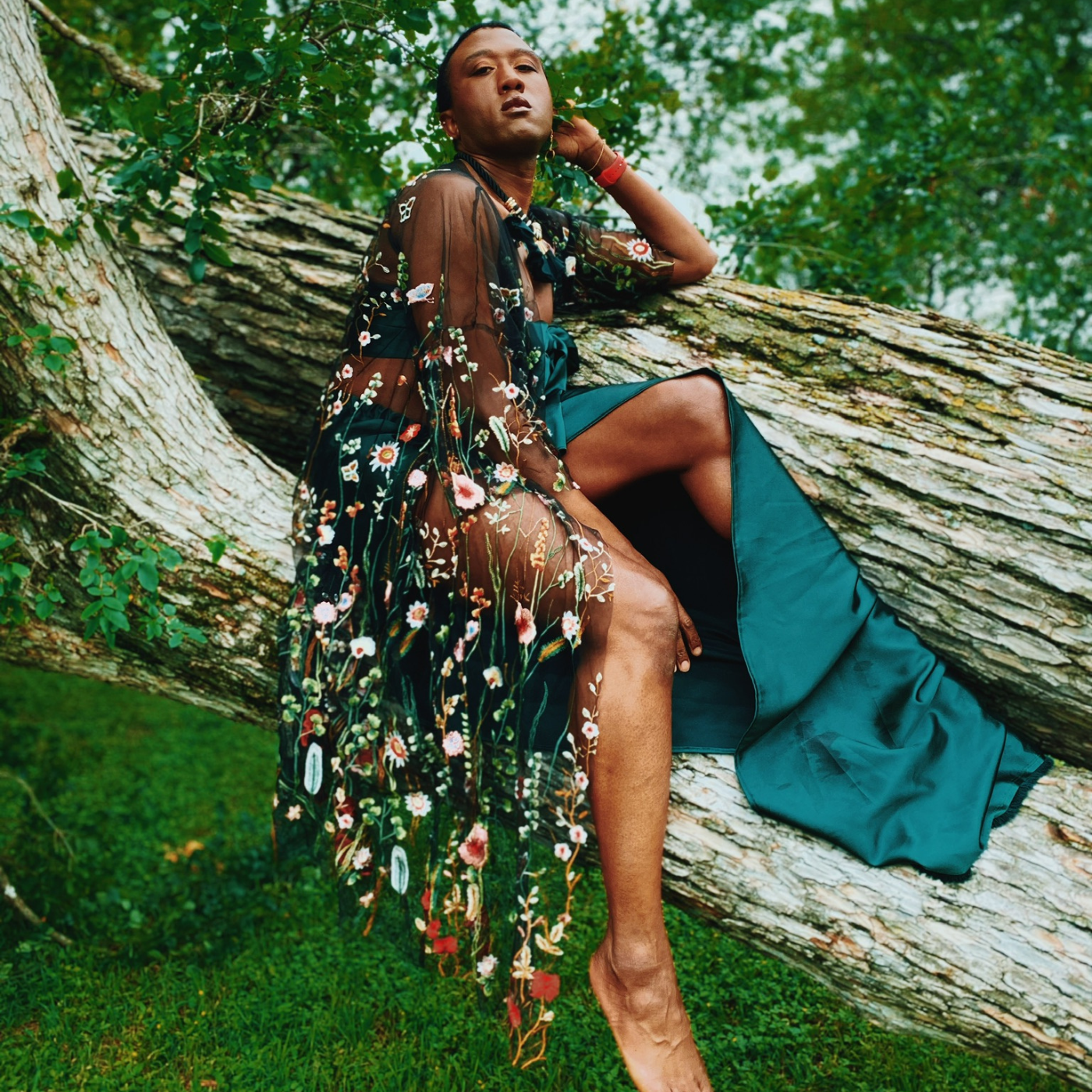 Terrance sits in a tree wearing a dark green floral caftan and looking at the camera. His left hand is up by his head and his left leg is up on the tree branch he is sitting on. His right hand is just past his knee and his right leg is on the ground.