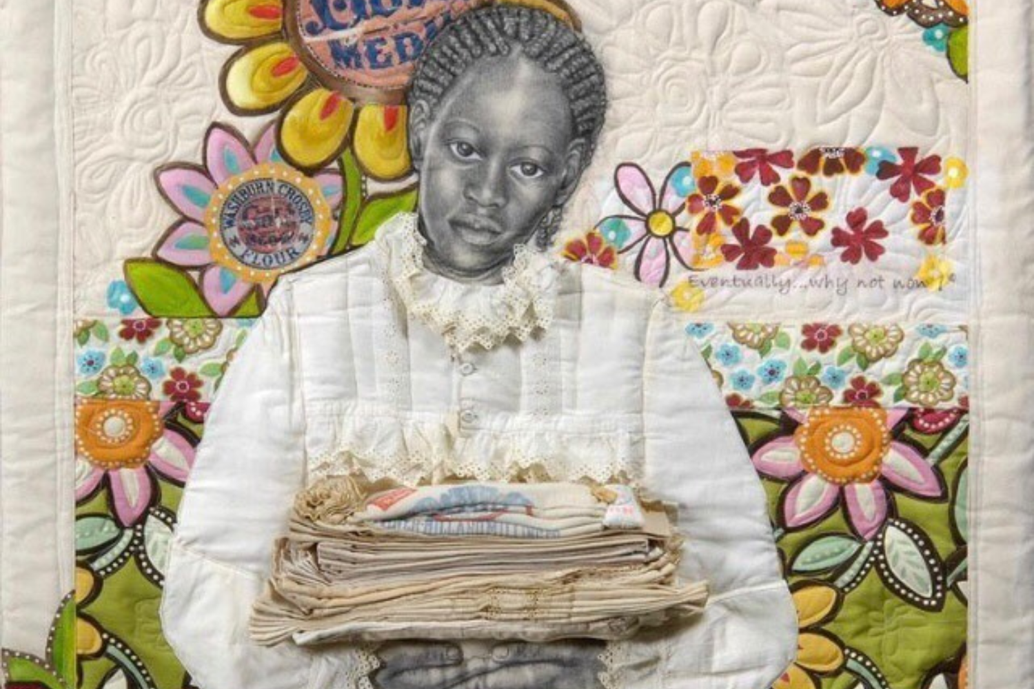 A quilt featuring a young Black woman looks at the camera and is wearing a white quilted dress with lace trim. She holds a stack of folded feed sacks. Behind her are pieces of flour feed sacks appliqued on the quilt, some with company logos, some with flower designs.