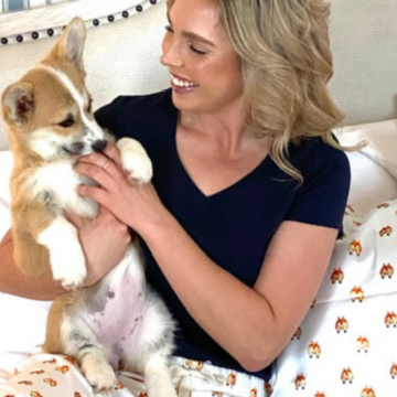 A model is sitting on a bed wearing a black v-neck t-shirt and pajama pants with small rows of brownish-orange and cream corgi behinds on them as if the corgis on looking in the opposite direction. The background of the design is white. A pillow with the same design is against the headboard. The woman is holding a small corgi puppy.