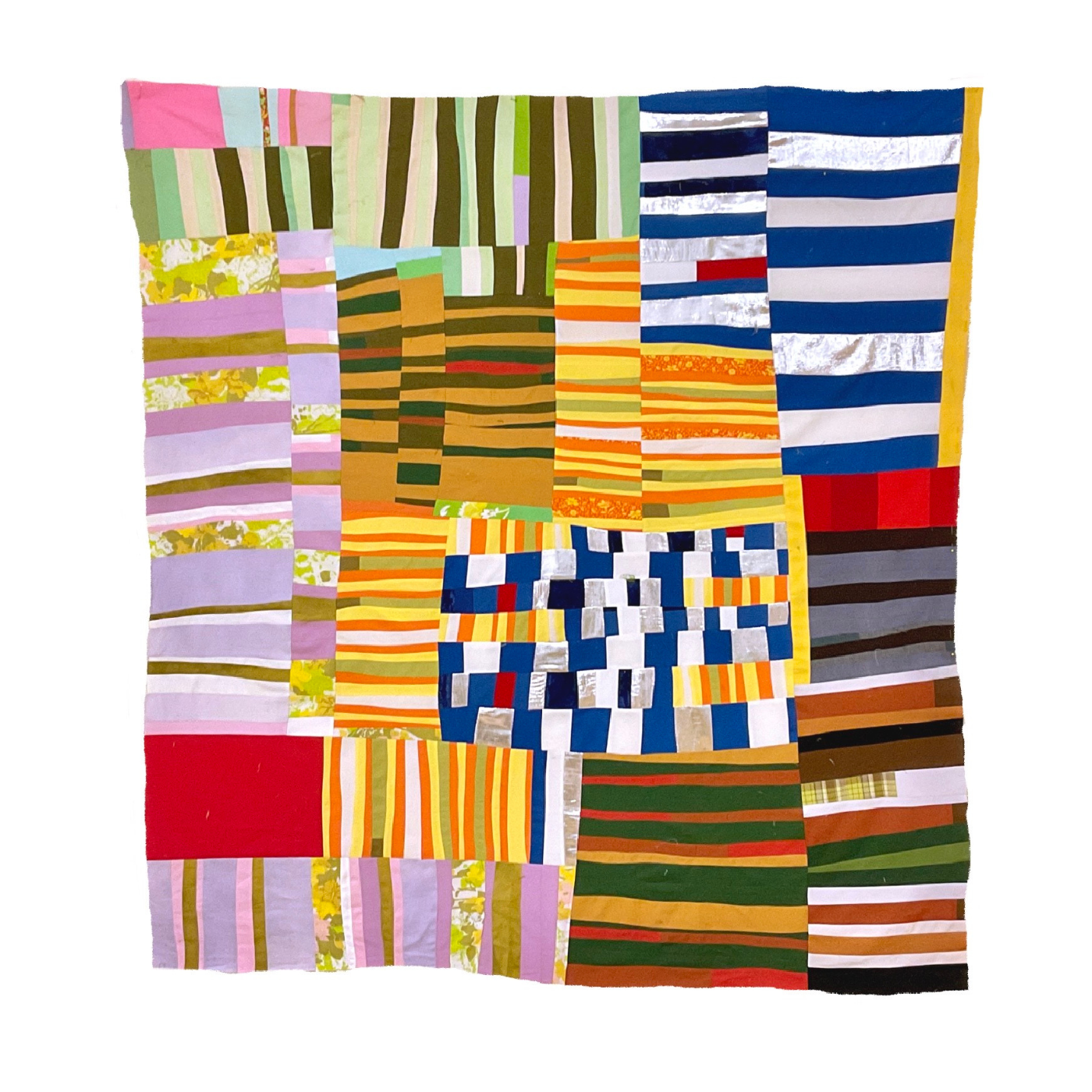 A quilt comprised of many small striped blocks, turned both horizontally and vertically. Small strips of green, yellow, white, blue, black, red and white have been combined together to form a quilt of many colors, based on the colors in Sherri’s childhood home.