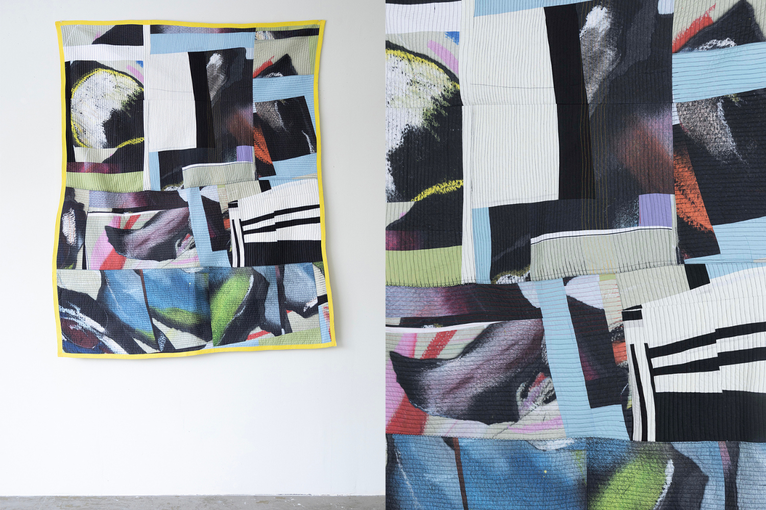On the left side of the image, is a photo of a quilt against a white wall. The quilt has a thin yellow border and thick rows of fabric featuring an abstract design with partial petal like shapes in blue, green and purple that start out thick but taper off at the top. Some blocks are black and white, others light blue. The right side of the image is a close up photo of the quilt.