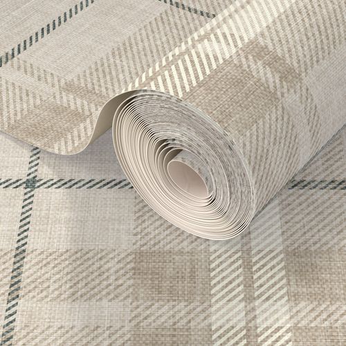 A close up of a roll of grasscloth wallpaper so that the texture is visible, featuring a plaid wallpaper design with light brown, dark brown, cream and dark green.