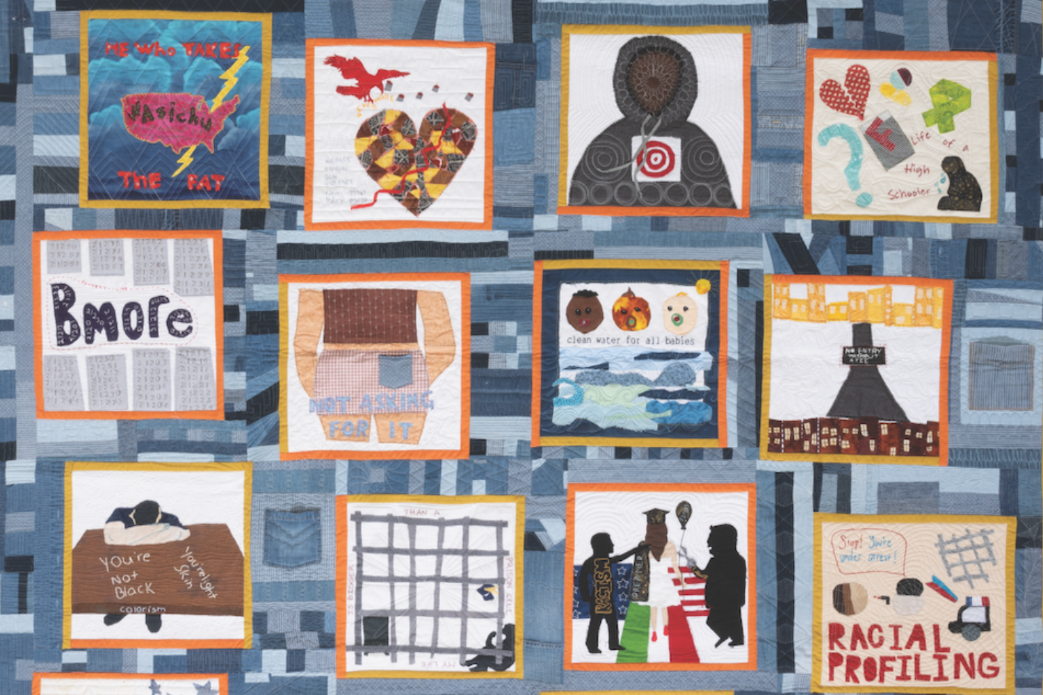 A close up of the Social Justice Society quilt called Sustainability. Twelve blocks are visible, each with either an orange or yellow border. The quilt’s background is comprised of small blocks in various shades of blue, ranging from light blue to dark blue. The quilt blocks cover a range of social justice issues, including racial profiling, incarceration, sexual harassment, colorism and more.