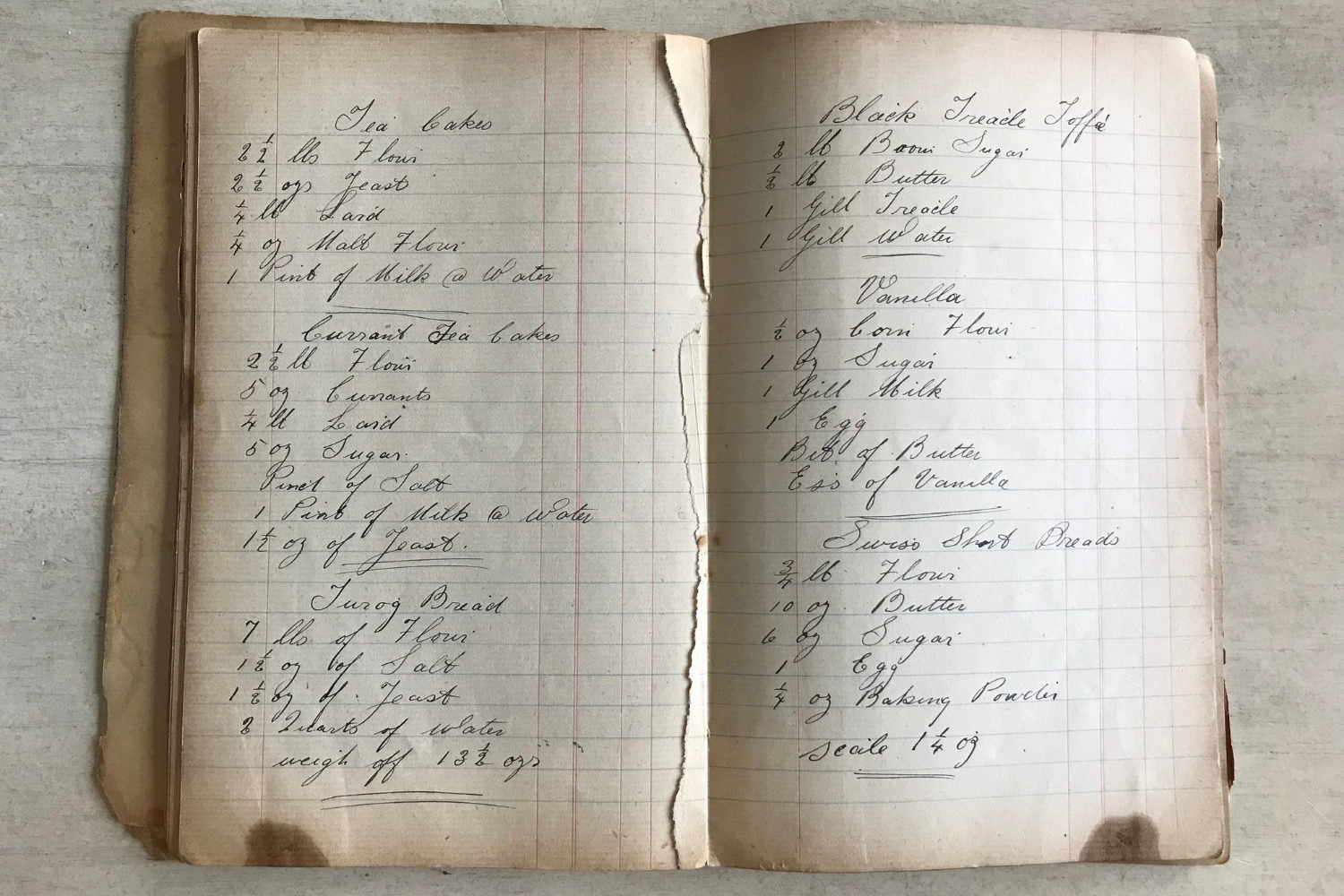 A handwritten recipe book lays open flat on a white table, showing both left and right pages of the book. The cursive text is written in thin black ink. On the lefthand page, from top to bottom, are recipes for tea cakes, currant tea cakes and turog bread. On the righthand page, from top to bottom, are recipes for black treacle toffee, vanilla and Swiss short breads.