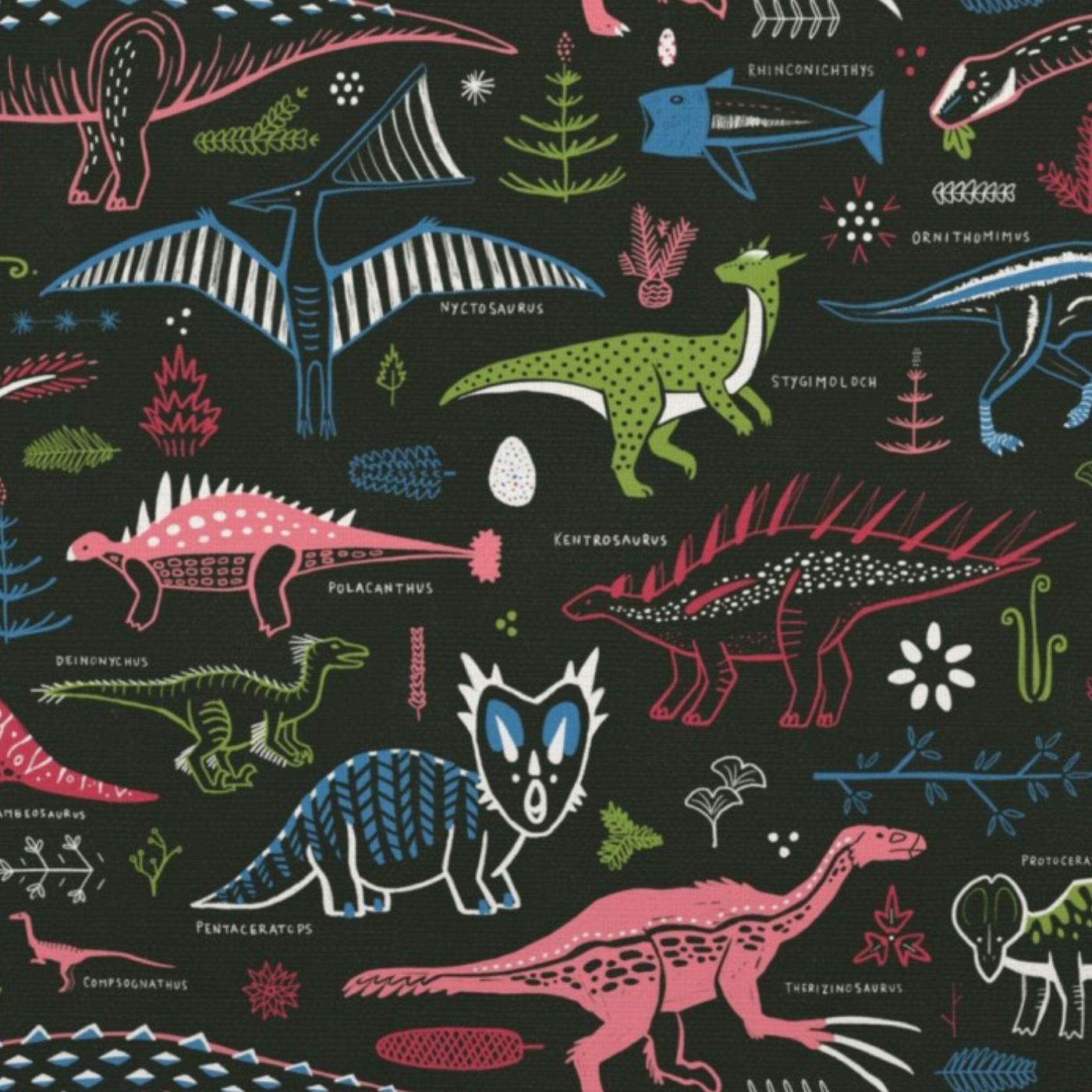 A design featuring lesser-known dinosaurs in bright blue, green, pink and hot pink on a black background. A pink polacanthus with a black underbelly and white spots on its back and white spikes looks to the left. A green-outlined deinoncychus looks to the right and has white spiky accents on its back, legs and back of the head. A blue pentaceratops looks straight at the viewer with black lined accents, a white outlined underbelly and legs and white spikes on its head and face.