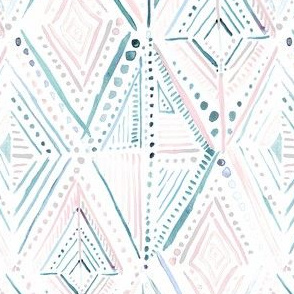 Repeating watercolor teal, pink and lavender diamonds on a white background. 