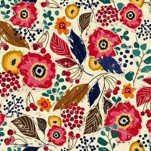 An image of a design with a cream background and red and yellow flowers mixed in with brown, green, red and dark blue flowers and dark blue berries. 