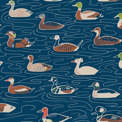 A whole flock of ducks are on the go, all swimming to the left on a dark blue body of water, some are brown, some are gray, some are brown and gray with green heads.