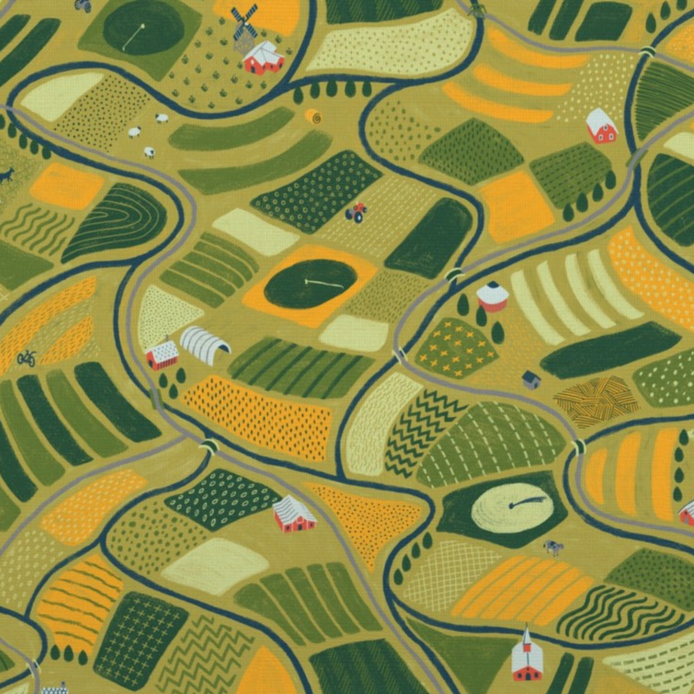 A patchwork of dark green, light green, Kelly green and yellow fields dot this pattern design as if seen from above. Small red farm buildings with white roofs dot the scene, and dark green and gray streets divide some fields from others. Some fields are planted with crops, and have white rows, small dark green or white dots or are broken down into thin strips.