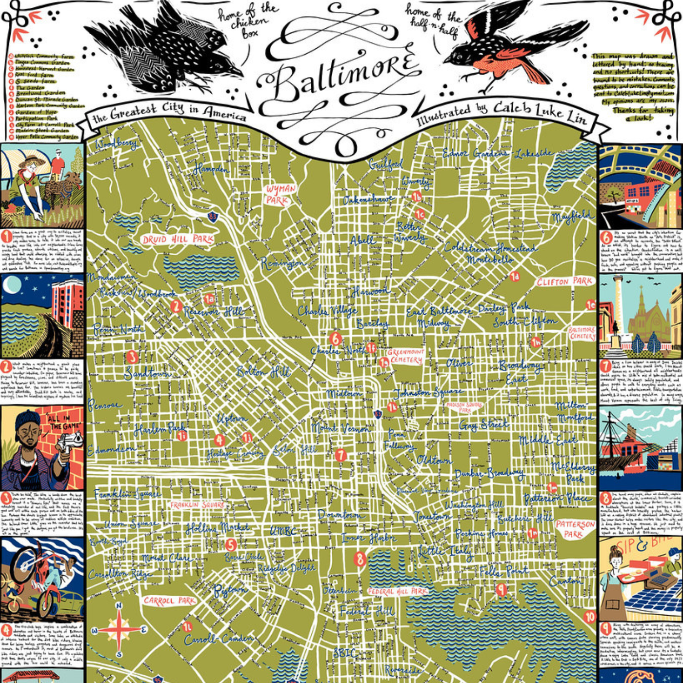 An illustrated map of Baltimore by Caleb Luke Lin. The map of Baltimore shows off the green space in the city with streets drawn in white and bodies of water represented in blue. Small red numbered circles correspond with small boxes around the periphery of the map highlighting and describing significant places in the city.
