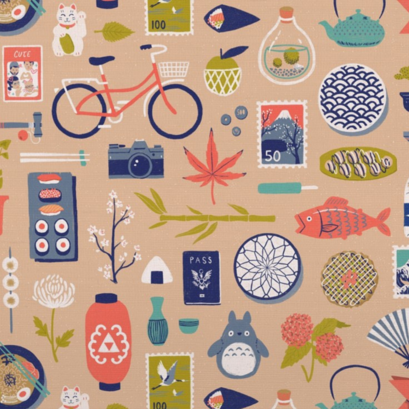 A design with a peach background with various cultural elements from Japan throughout, featuring postage stamps, some with white-and-gray birds, some with a large snow-capped mountain; a cherry blossom branch; turquoise teapots; bamboo branches; bicycles with baskets; mounds a rice; cameras; passports and more.