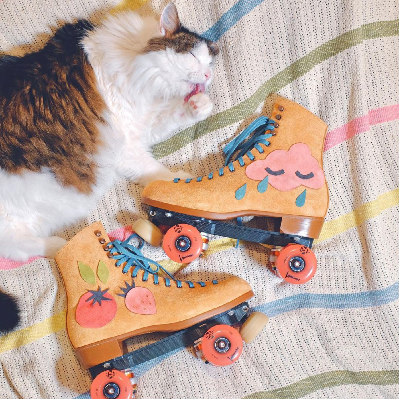 Light orange roller skates with blue laces and dark orange wheels lay on a cream blanket with green, pink, yellow and blue stripes. A white cat with brown accents lays to the top left of the skates licking its front left paw. On the roller skates, small pieces of paper have been cut out and stuck to them. A red tomato, pink strawberry and two leaves are on the skate to the left and a pink cloud with three rain drops coming from it and two small lines representing closed downcast eyes are on the skate to the right.