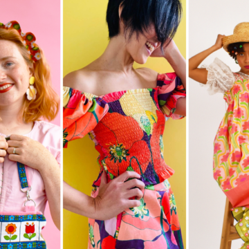 A collage of three images. On the left is dopamine dresser Carmen Christine in front of a pink background. On the middle picture is Geri Berman and on the left is a model at a Carmen Christine photo shoot. All three women are wearing colorful clothes.