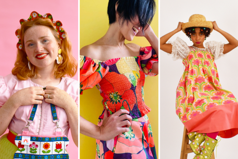 A collage of three images. On the left is dopamine dresser Carmen Christine in front of a pink background. On the middle picture is Geri Berman and on the left is a model at a Carmen Christine photo shoot. All three women are wearing colorful clothes.