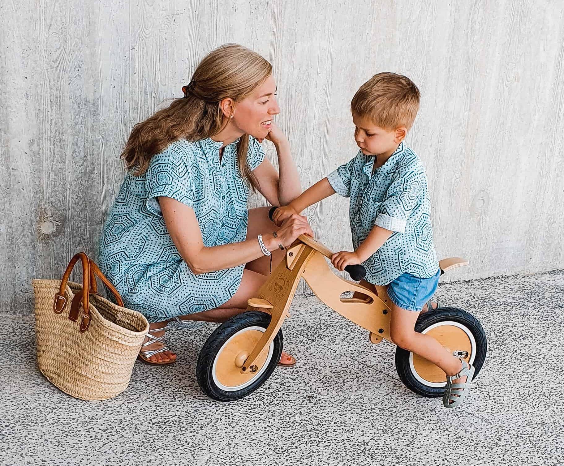 Belgian Seamstress Clio Deprest with her son in a gender-neutral matching outfit made from Spoonflower fabric.