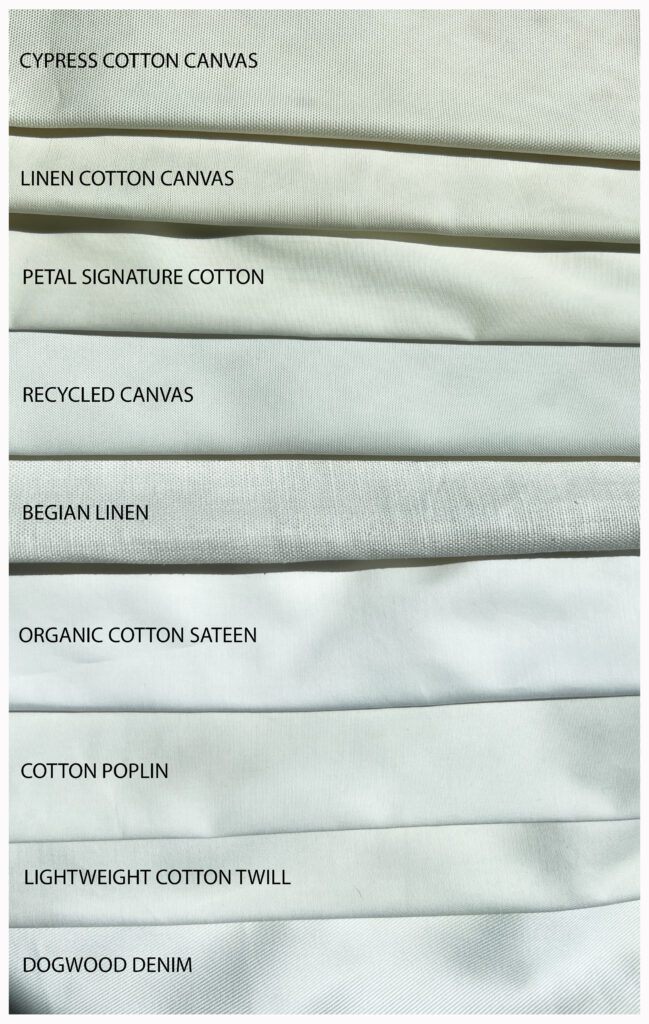 Swatches of nine different Spoonflower fabrics (Cypress Cotton Canvas, Linen Cotton Canvas, Petal Signature Cotton, Recycled Canvas, Belgian Linen, Organic Cotton Sateen, Cotton Poplin, Lightweight Cotton Twill, Dogwood Denim) laid out next to one another to highlight their white ground and texture differences. 