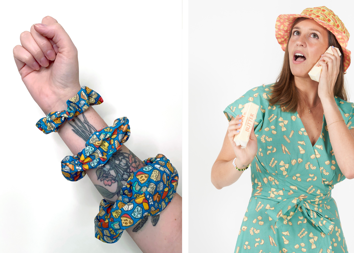 The left side of the image is an arm with three cheese themed scrunchies. The right side of the image is a woman wearing a blue green pasta themed wrap dress, a bucket hat, and holding butter up to her ear as if the butter is giving her a call.