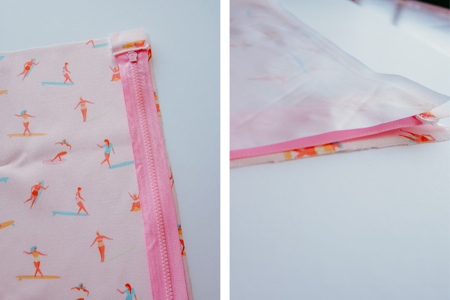 Two images have been combined into one rectangle. On the left, a pink zipper is lying face down on the top right edge of a rectangle of fabric. The fabric features a design with small female surfers surfing through a pink background. On the right, a rectangle piece of Polyurethane Laminate fabric is lying on top of a rectangle of fabric featuring a design with small female surfers surfing through a pink background. The edge of a pink zipper can be seen sandwiched between the two.