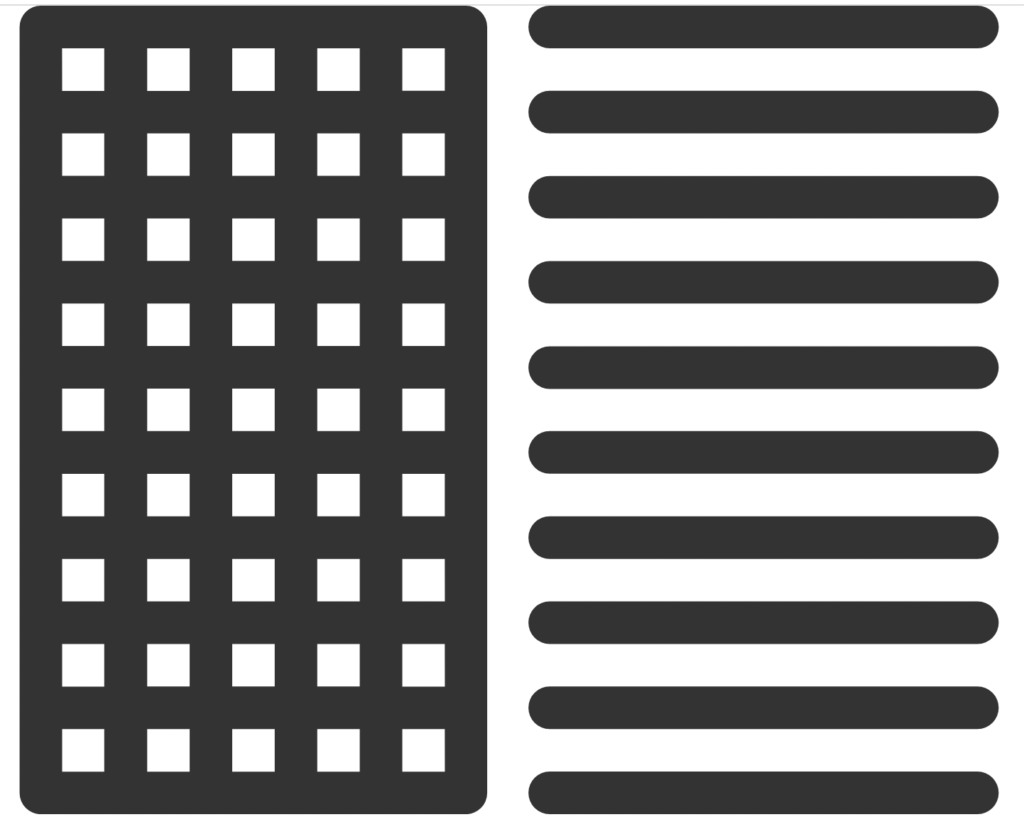 The right half of the image features a black grid with white squares. The left half of the image features alternating black and white horizontal lines. The two sides of the image are separated by a white vertical line.