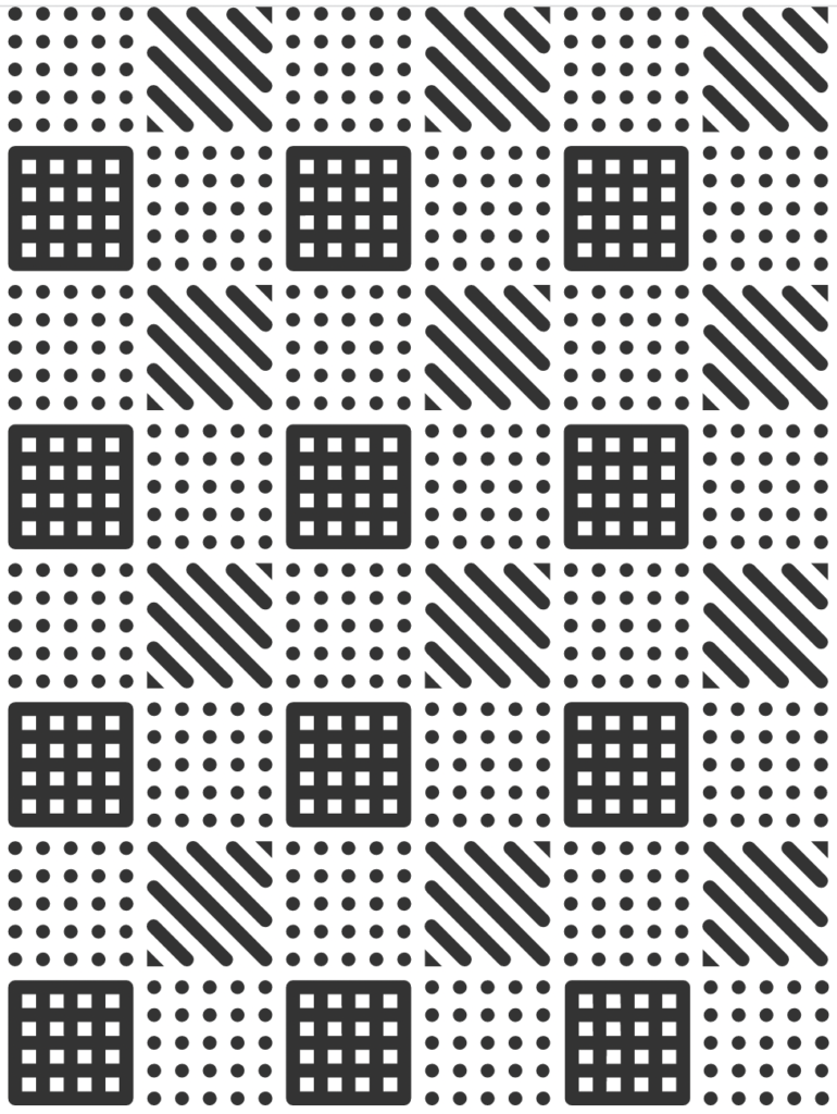 Image of a rectangle with 8 rows of 6 squares, making 48 in total. Every other row starting with row 1 features alternating squares of black dots on a white background and squares of black diagonal lines on a white background. Every other row starting with row 2 features alternating squares of white dots on a black background and squares of black dots on a white background.  