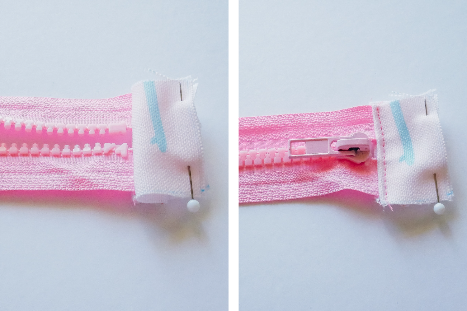 Two images have been placed side by side in one rectangle. On the left, a pink zipper is lying on a white surface. A small piece of fabric has been folded back over the right edge of the zipper and pinned to the edge of the zipper The design on the fabric features small female surfers surfing through a pink background. On the right, a pink zipper is lying on a white surface. A small piece of fabric has been sewn to the right of the zipper in pink thread. The fabric features a design with small female surfers surfing through a pink background.