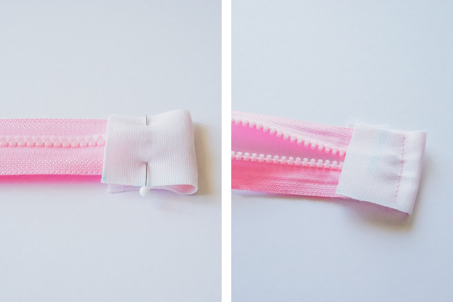 Two images have been placed side by side in one rectangle. On the left, A pink zipper is lying on a white surface. A small piece of fabric has been folded right sides together over the right edge of the zipper. A pin has been placed near the open end of the long top side of the rectangle piece of fabric. On the right, A pink zipper is lying on a white surface. A small piece of fabric has been folded right sides together over the right edge of the zipper. A seam has been sewn in pink thread to the top right of the folded piece of fabric.