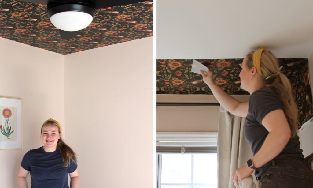 A blonde woman smiles in front of a peach wall with ceiling wallpaper above her (left). On the right, the same woman is shown installing the wallpaper. 