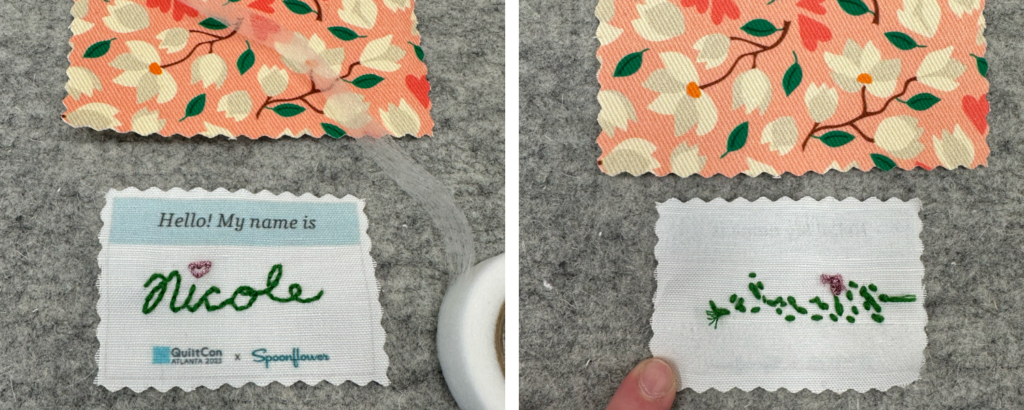 Two images have been placed together side by side. On the left, the name tag fabric and the backing fabric have been placed separately on the ironing mat. The seam tape is slightly unfurled and to the right. On the right, two pieces of seam tape have been placed horizontally near the top and bottom on the back name tag with seam tape.
