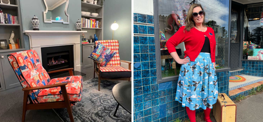 Two images have been placed side by side. In the left image, two upcycled armchairs upholstered with Kara’s colorful Australia-themed designs sit around the coffee table next to a white fireplace with fire burning, with gray bookshelves on either side. In the right image, a woman stands in front of the Mount Vic and Me studio shop modeling a cotton sateen easy fit skirt featuring a design of illustrated magpies on a light blue background with white and yellow clouds.
