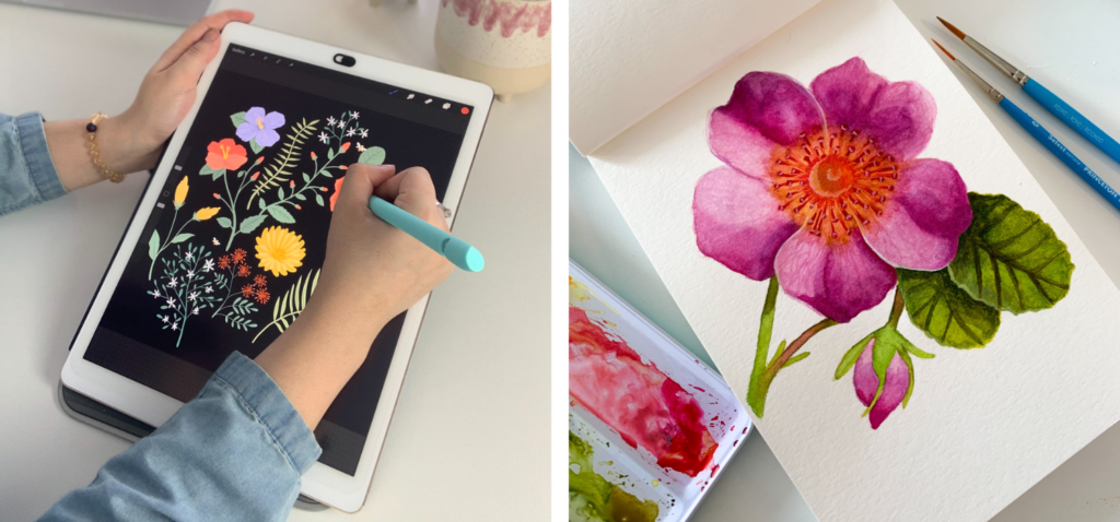 Two images placed side by side: On the left, looking down at Linda’s hands, she holds an iPad on her white desk and draws colorful flowers in Procreate. Out of focus we see her laptop and two plants also sitting on her desk. On the right, looking down at a white table with an open watercolor pad, paint palette to the left and three watercolor brushes to the right. The open watercolor pad has a large painted wild rose with dark magenta petals, accompanied by a pink bud and two green leaves.