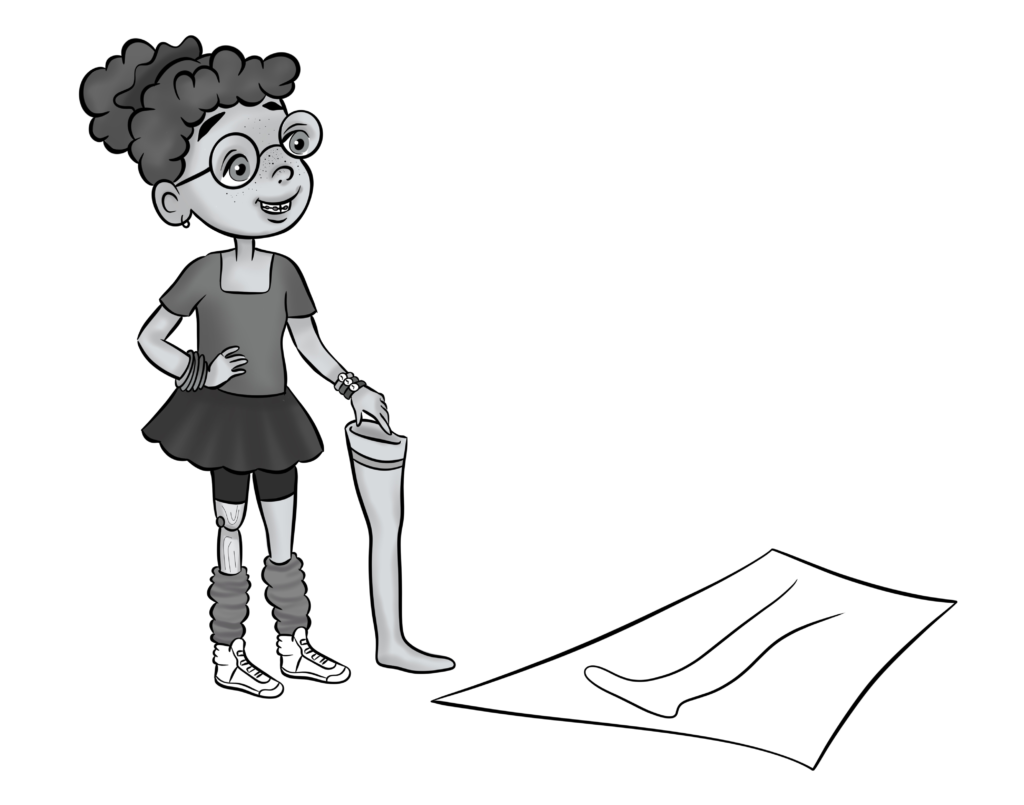 An illustration of teen Jennifer holding up a foam cover crafted by her prosthetic team. In front of her laying on the ground is a piece of paper featuring the outline of a leg.