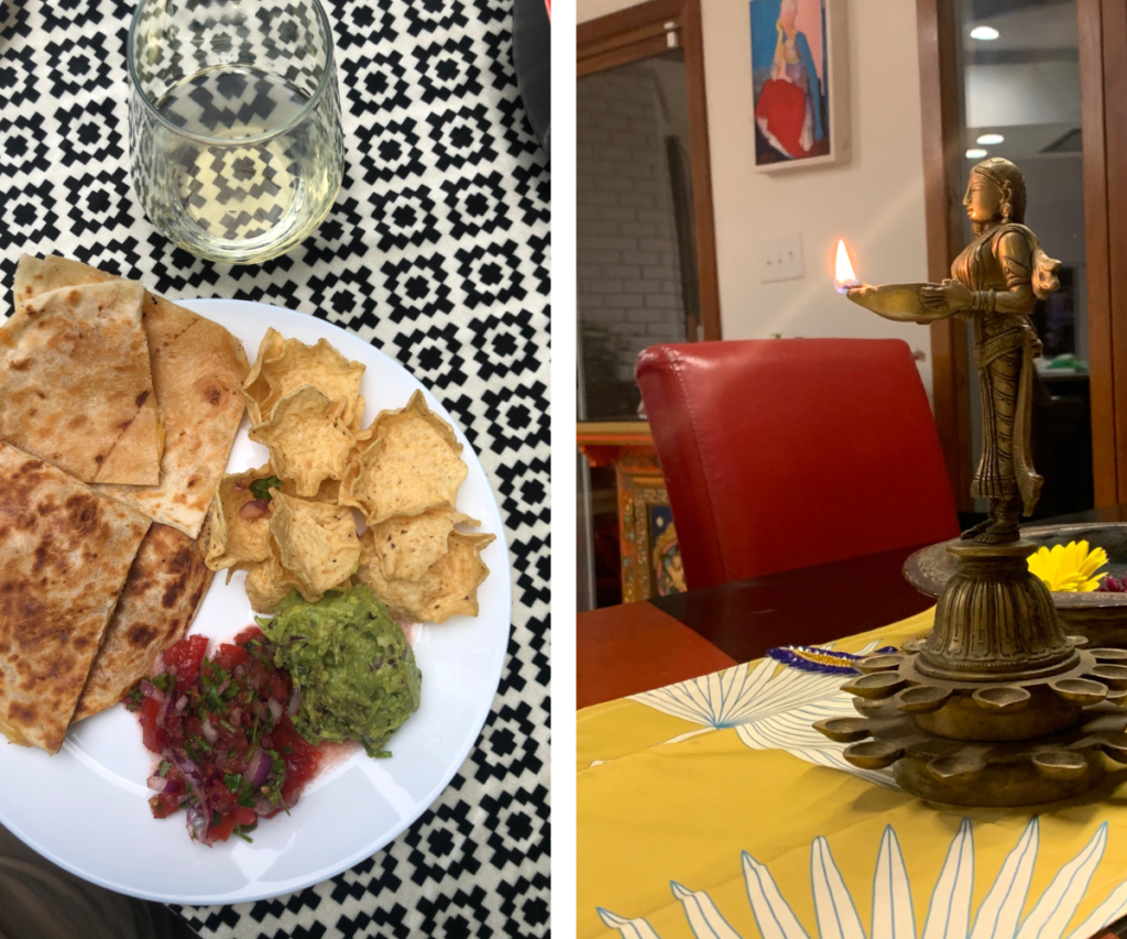 Two images have been placed side by side oriented vertically. On the left, a table runner with a black-and-white tile design lays on a table under a clear stemless glass of white white and a white ceramic plate filled with pieces of flatbread, small bowl-like tortilla chips, guacamole and salsa. The edge of a black bowl with red-lacquered inside is to the top right. On the right, a black table has a bright yellow table runner running along it lengthwise. Large white palm leaves repeat throughout, their details outlined in deep blue. A red chair is pulled up to the table at the top right. An ornate brass oil lamp is to the right, with the oil lit, producing a small flame. A large brass bowl filled with water and floaring yellow and pink flower is behind the lamp.