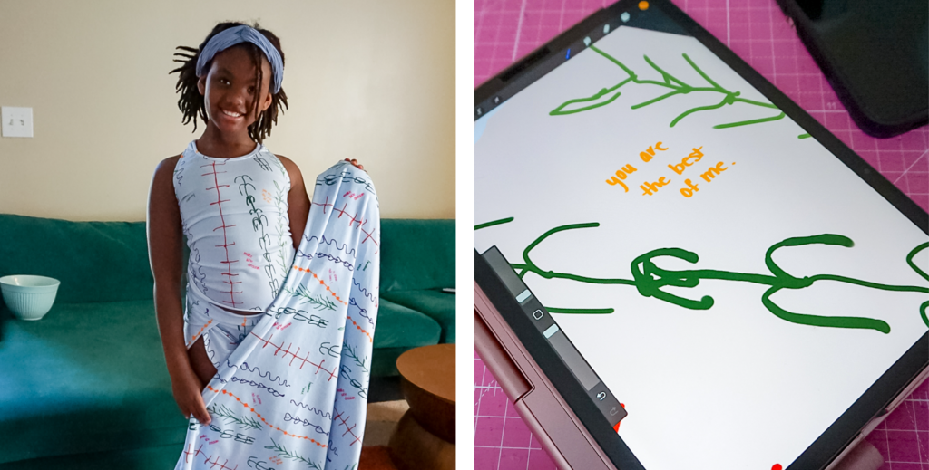 Two images have been placed side by side in one rectangle. On the left, Aurora holds up a throw blanket featuring a design she created with her mother and smiles at the camera and is wearing pajamas in the same design. The design has a light blue background and vertical lines in varying colors throughout by Aurora and words of affirmation written by Aaronica. On the right, Aaronica has written the text “you are the best in me” in yellow inside two of the vertical lines in Aurora’s design.