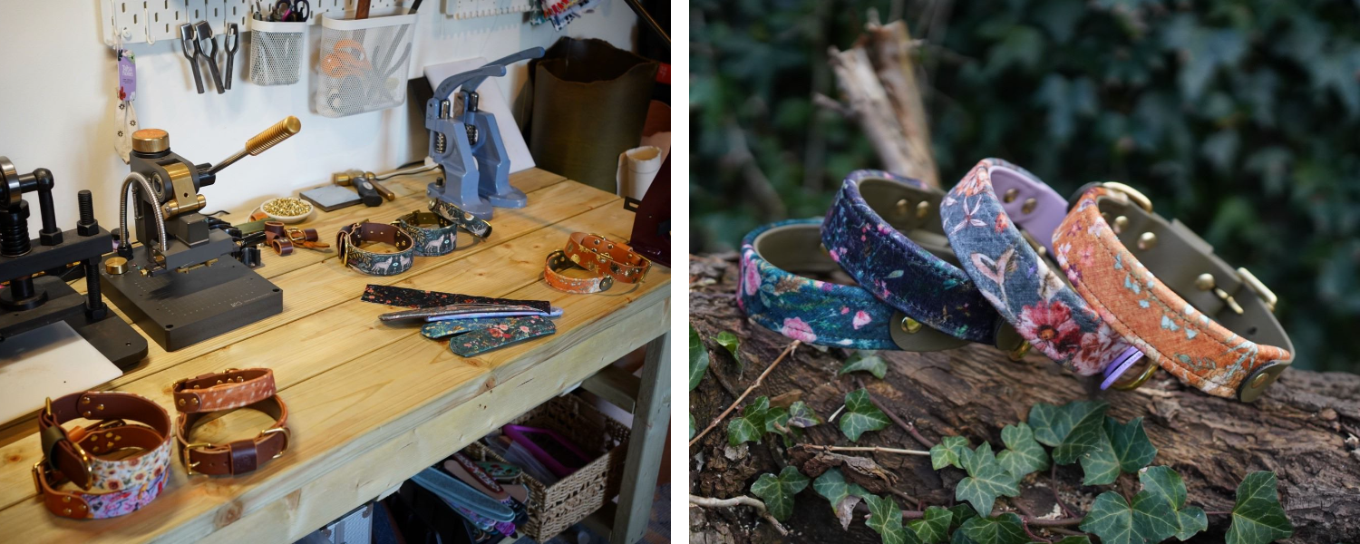 Two images have been placed into one rectangular image. On the left, a peek into the Bramble and Friends workshop, with materials for making dog collars and accessories laying on a wooden workbench. Collars in various stages from parts to finished products lay around the workbench as well as related tools. On the right, four floral dog collars lay partially stacked on one another horizontally on a large fallen tree branch. Each collar features a floral design with pastel colored flowers and each collar has differently colored background, from left to right the collar design backgrounds are dark teal, dark blue, heather lavender and dark orange.