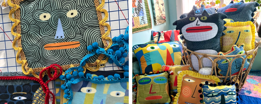 Two images have been placed into one rectangular image. On the left, a close up of some of Kim’s pillows with human faces drawn on top of geometric designs. The piillows are edged with bright trim details. On the right, pillows featuring faces drawn on top of bright geometric designs along with animal faces with fur details are stacked in and around a wooden woven basket.