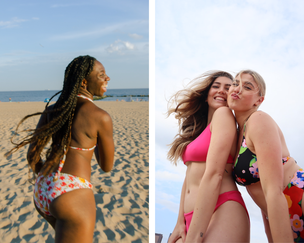 Two images have been placed into one rectangular image. On the left, a woman runs on a beach with her back turned to the camera and her head turned to the side. She is smiling and wearing a white bikini with red and orange flowers on a white background. On the right, two women wear bikinis and look down at the camera and smile, a big blue sky behind them. The woman on the left wears a hot pink bikini, the woman on the right wears a bikini with bright pink and red flowers and green leaves on a black background.