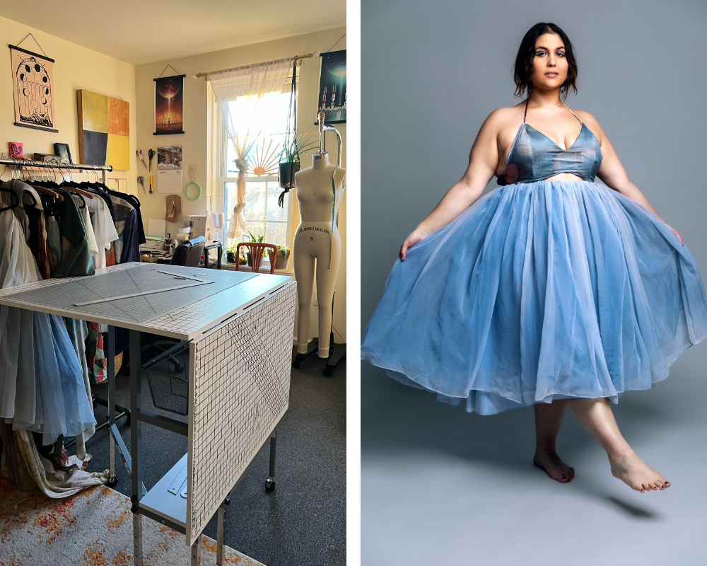 Two images have been placed into one rectangular image. On the left, a look at the Sarah Tremain studio. Dresses hang on a rack against a wall to the left. A drafting table with a gray cutting mat, a right angle ruler and several small tools is at the center of the image and has a window behind it and a white dress form to the right. On the right, a model wears a blue dress with a darker bodice that looks almost tie-dyed. The model is barefoot and looking at the camera and both the floor and wall behind her is light gray.