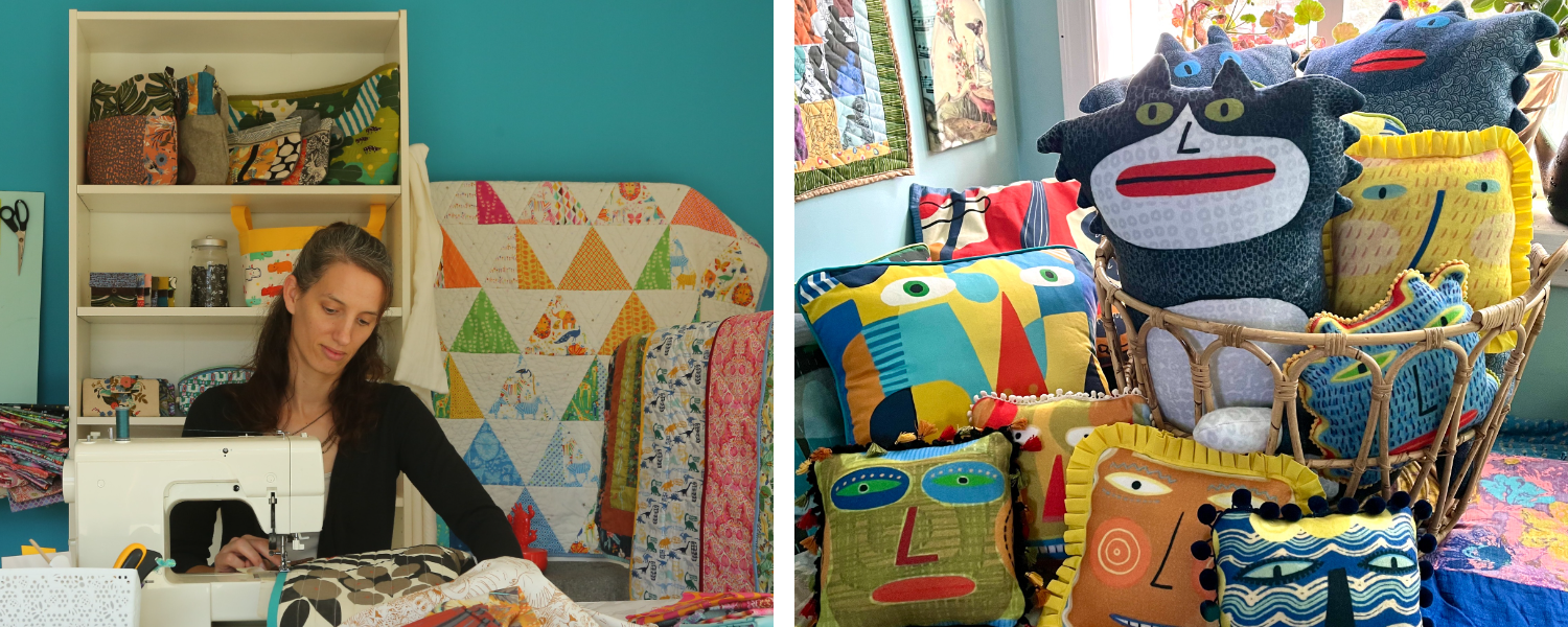 On the left, Lia Hadas sews at a machine in front of a wall of brightly colored quilts. On the right, Kim Murton’s pillows featuring faces drawn on top of bright geometric designs along with animal faces with fur details are stacked in and around a wooden woven basket. Caption: Two images have been placed into one rectangular image. On the left, Lia Hadas of The Little Camel at her sewing machine. On the right, some of Kim Murton’s fantastical pillows.